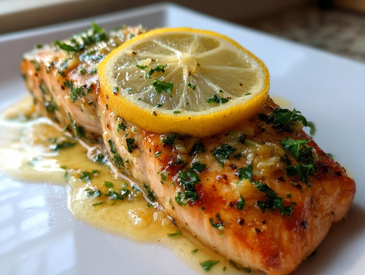 Close-up of a perfectly cooked salmon recipe fillet topped with garlic butter sauce, parsley, and a fresh lemon slice.