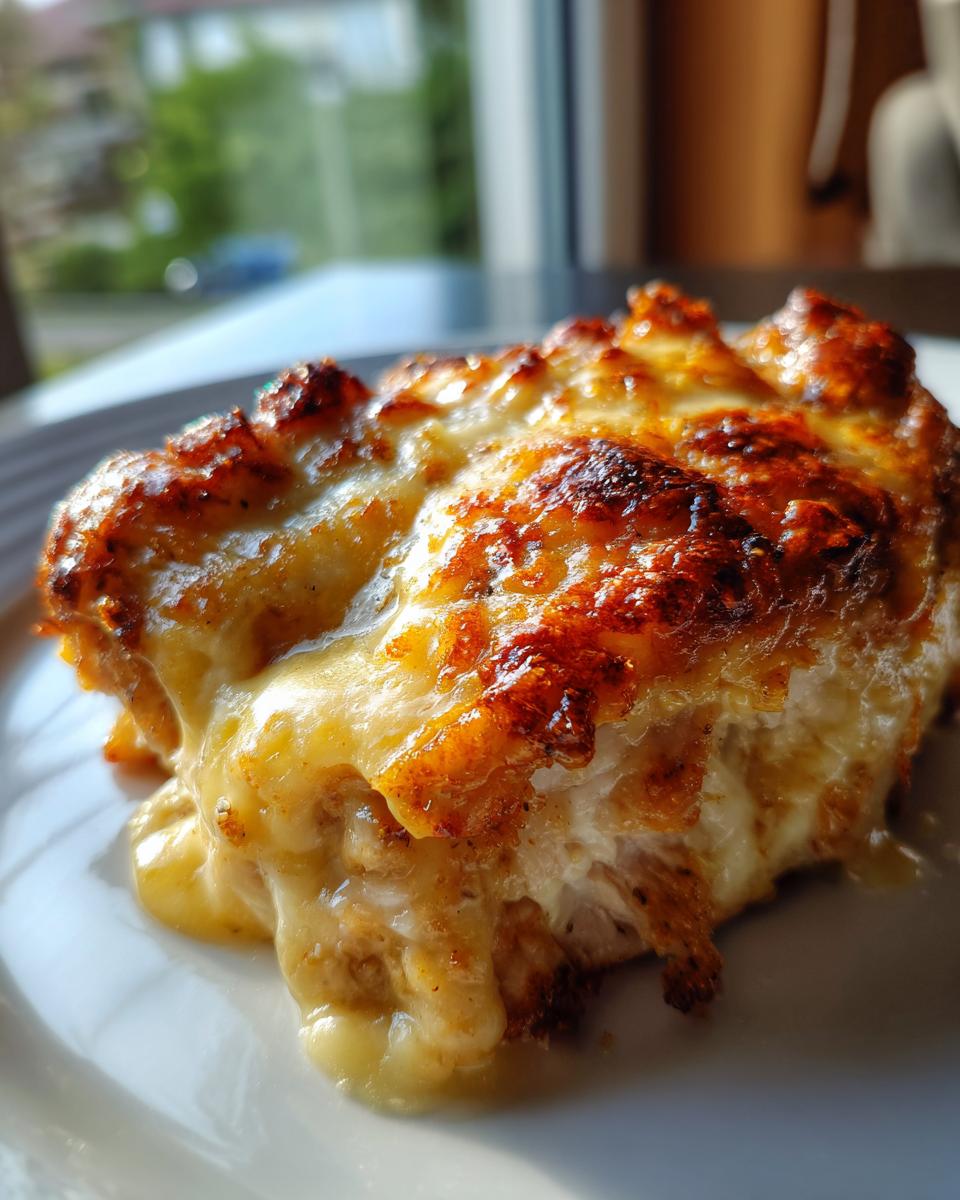 A close-up of a serving of Garlic parmesan chicken bake with bubbling, golden-brown melted cheese.