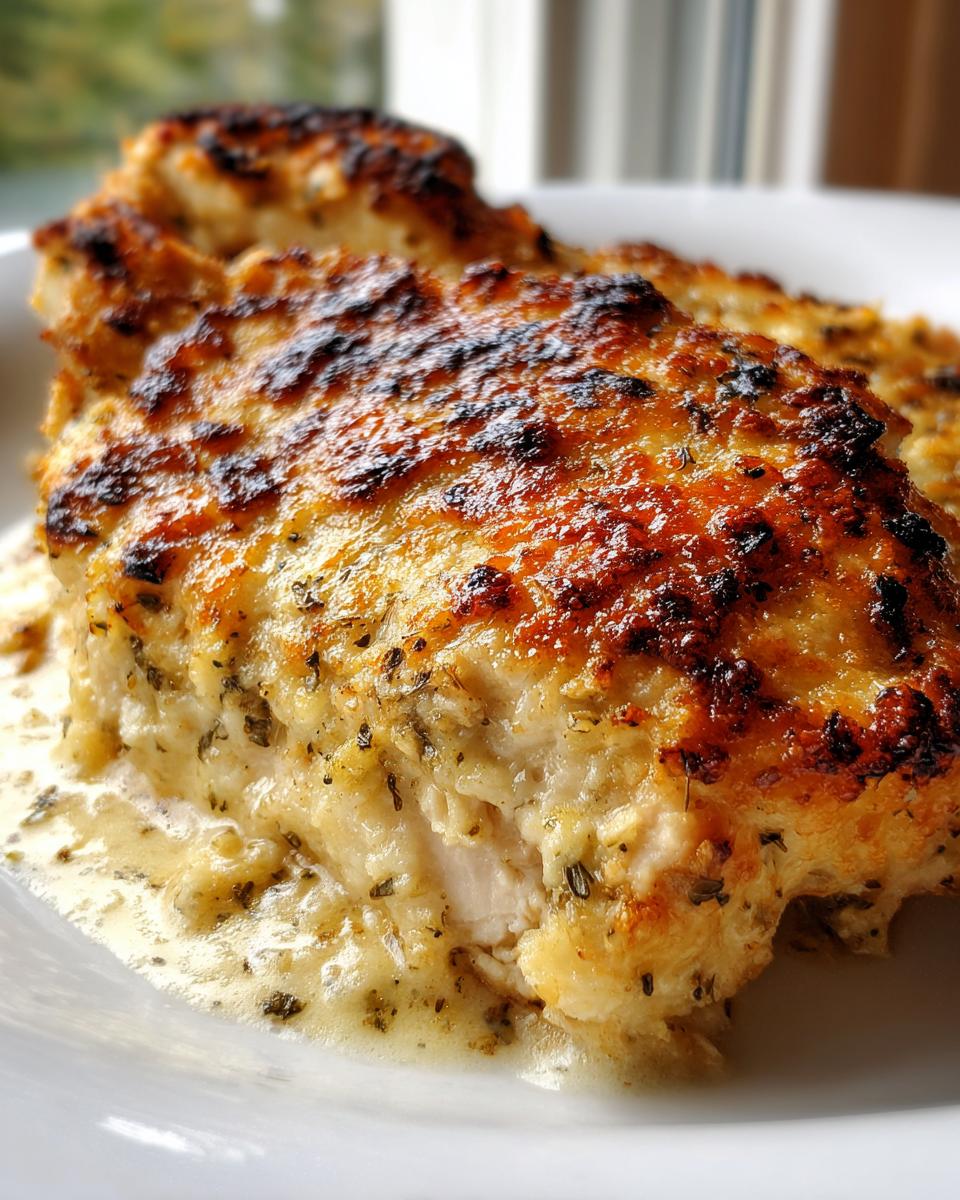 Close-up of a juicy chicken breast from the Garlic parmesan chicken bake with a golden, slightly charred parmesan crust and creamy sauce.