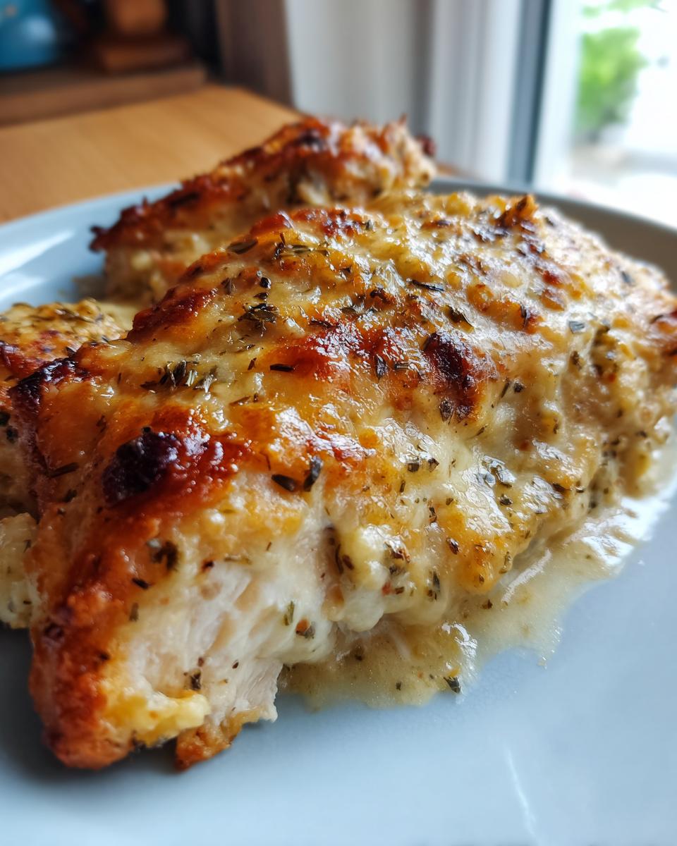 Close-up of a juicy piece of Garlic parmesan chicken bake topped with browned, melted cheese and herbs.