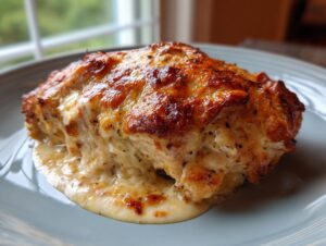 A close-up of a juicy portion of Garlic parmesan chicken bake with a golden, bubbly cheese crust melting over the side.