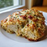 A cross-section of a baked chicken breast topped with melted, golden-brown cheese and herbs, showcasing the Garlic parmesan chicken bake.