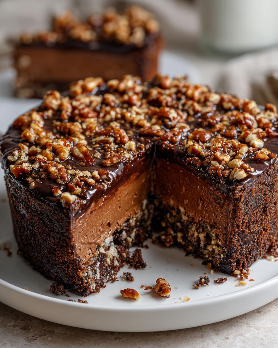 A slice removed from a rich german chocolate pie showing a thick chocolate mousse filling and a nutty crust, topped with glaze and pecans.