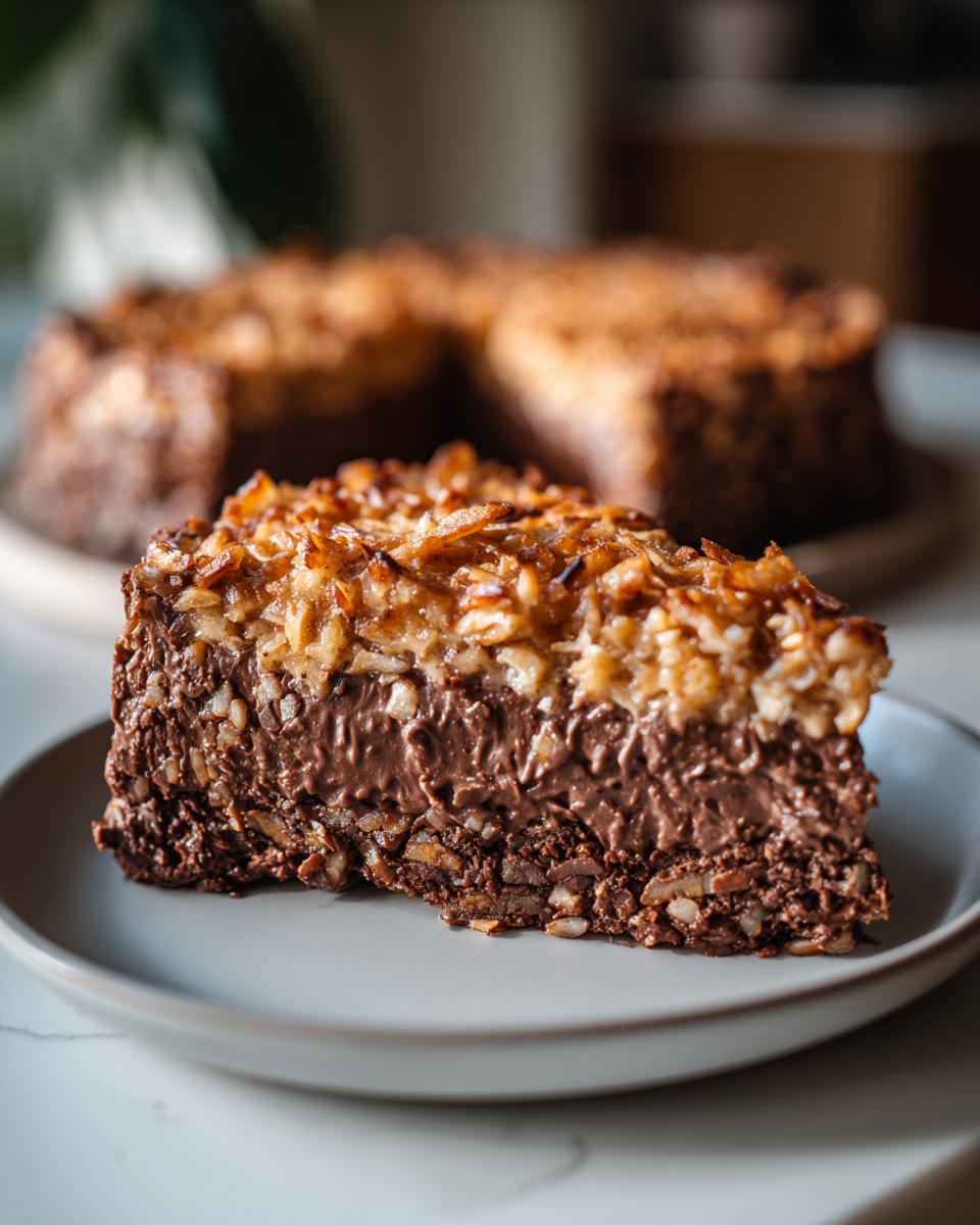 Close-up of a rich slice of german chocolate pie showing a thick chocolate layer and toasted coconut pecan topping.