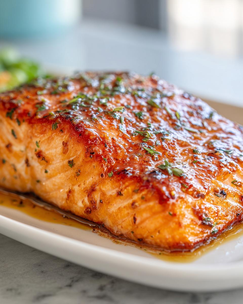Close-up of a perfectly cooked, glazed piece of baked salmon recipe garnished with herbs.