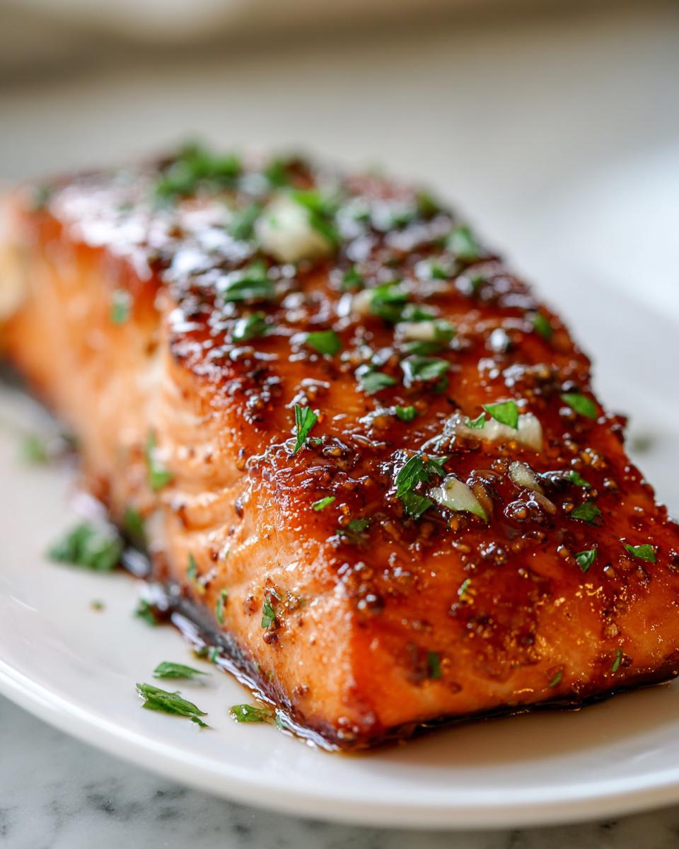 A close-up of a perfectly cooked baked salmon recipe fillet with a shiny, dark glaze and fresh parsley garnish.