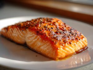 Close-up of a perfectly cooked piece of baked salmon recipe, glazed and topped with cracked pepper.