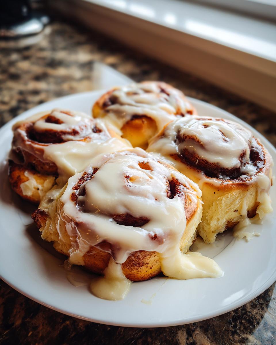 Four freshly baked cinnamon rolls generously topped with thick white icing, served on a white plate.