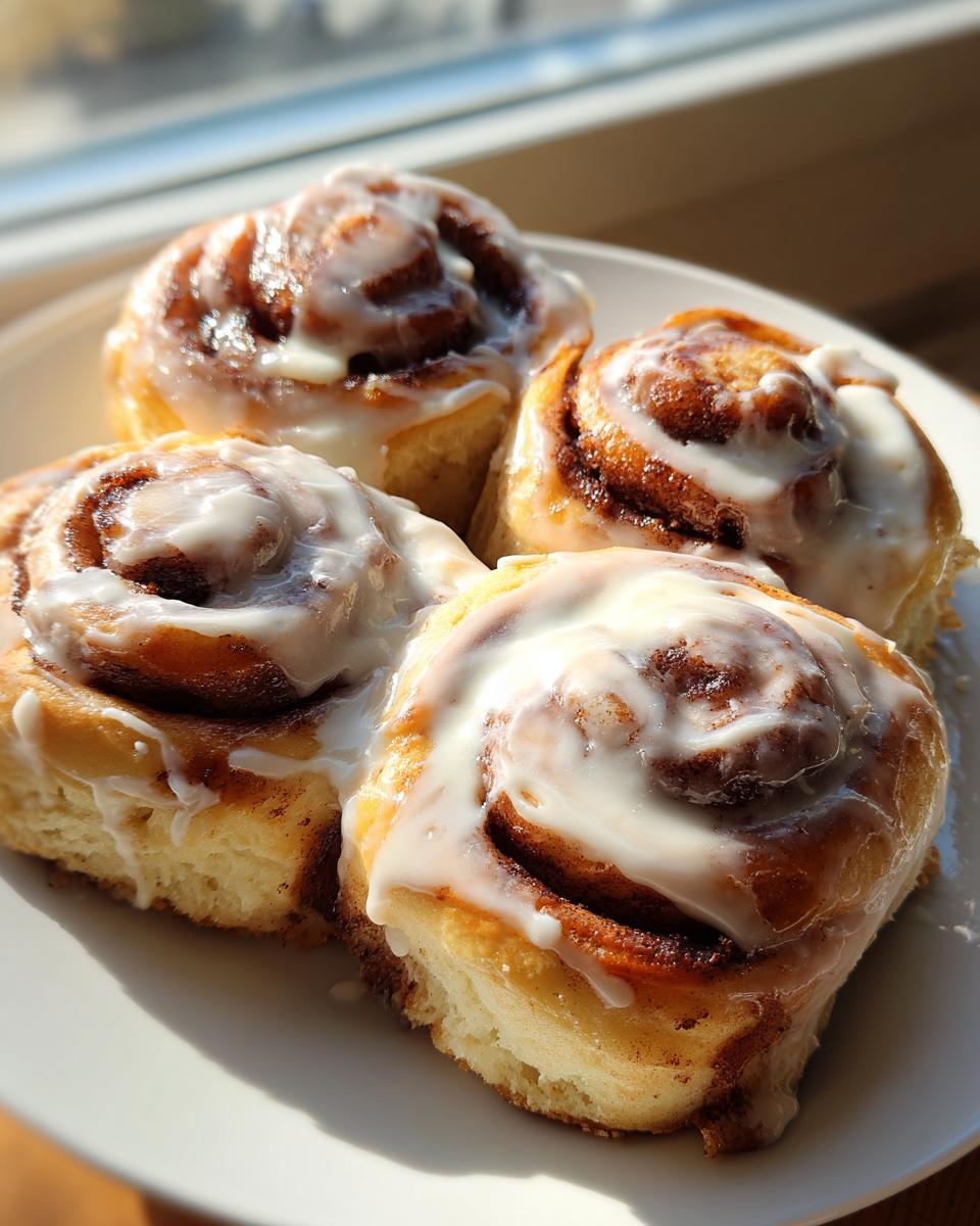 Close-up of four freshly baked cinnamon rolls covered in thick white icing, sitting on a white plate.