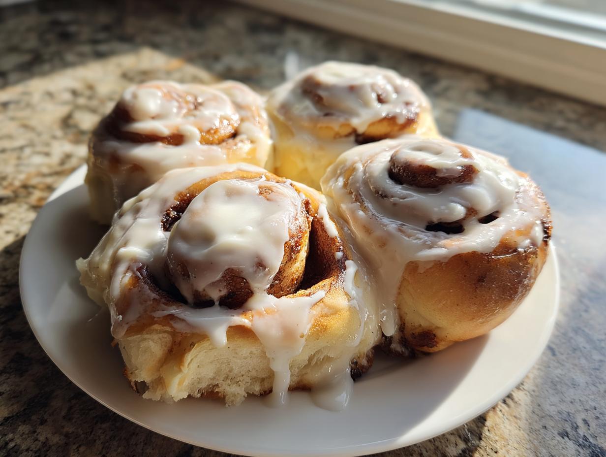 Four freshly baked cinnamon rolls generously covered in white icing, resting on a white plate.
