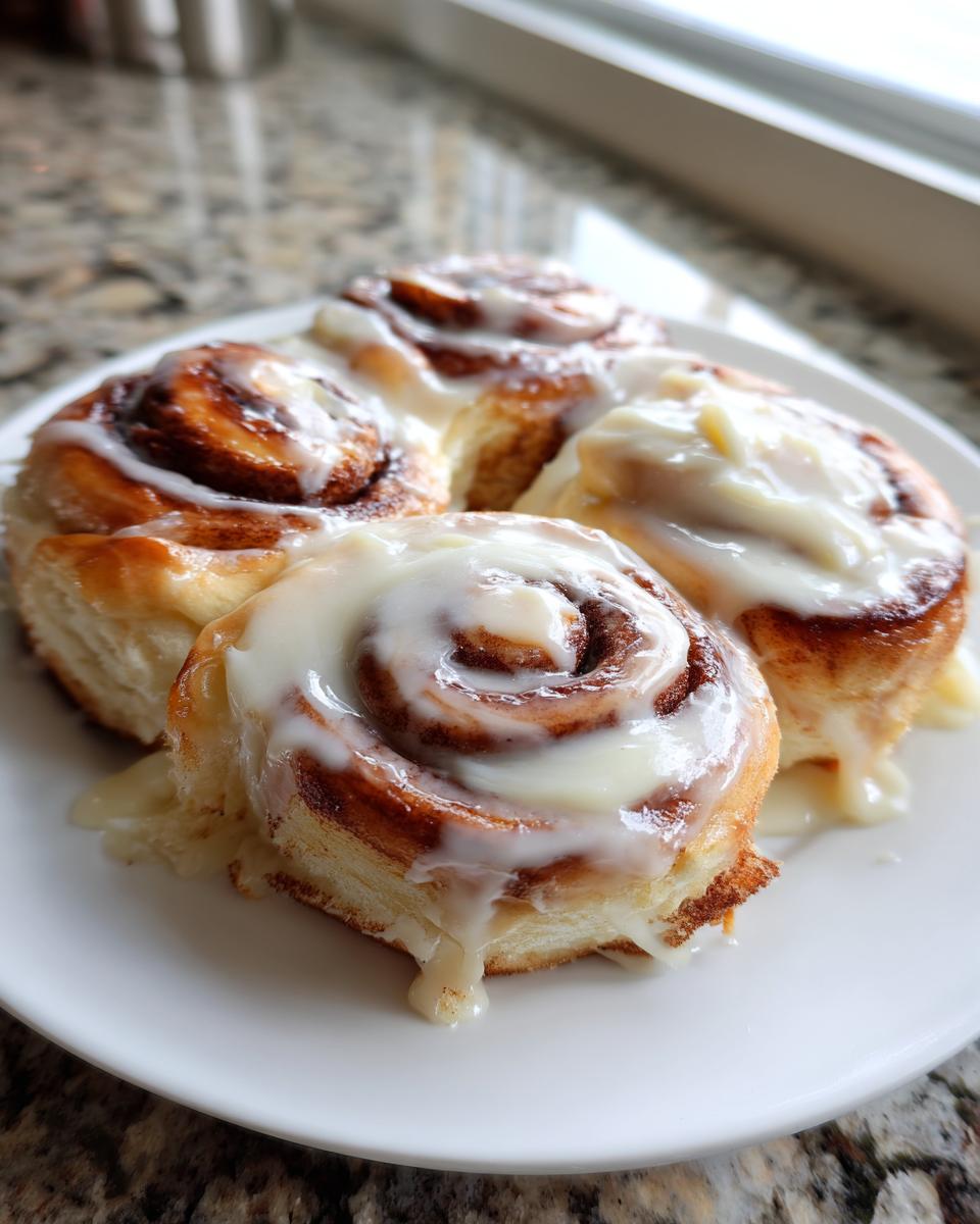 Four freshly baked cinnamon rolls generously topped with white cream cheese frosting, served on a white plate.