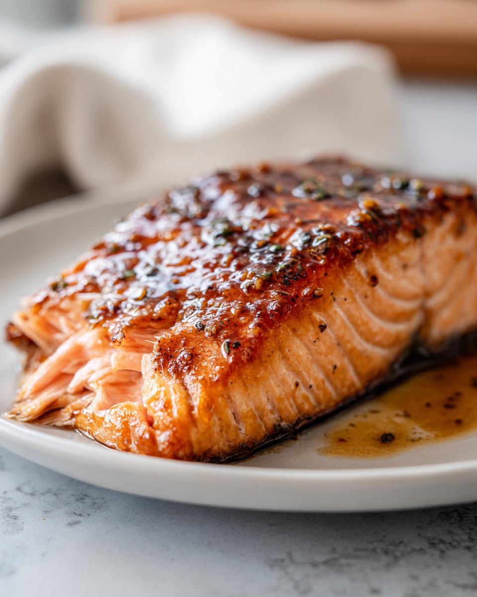 Close-up of a perfectly cooked, glazed salmon fillet, illustrating a delicious baked salmon recipe.