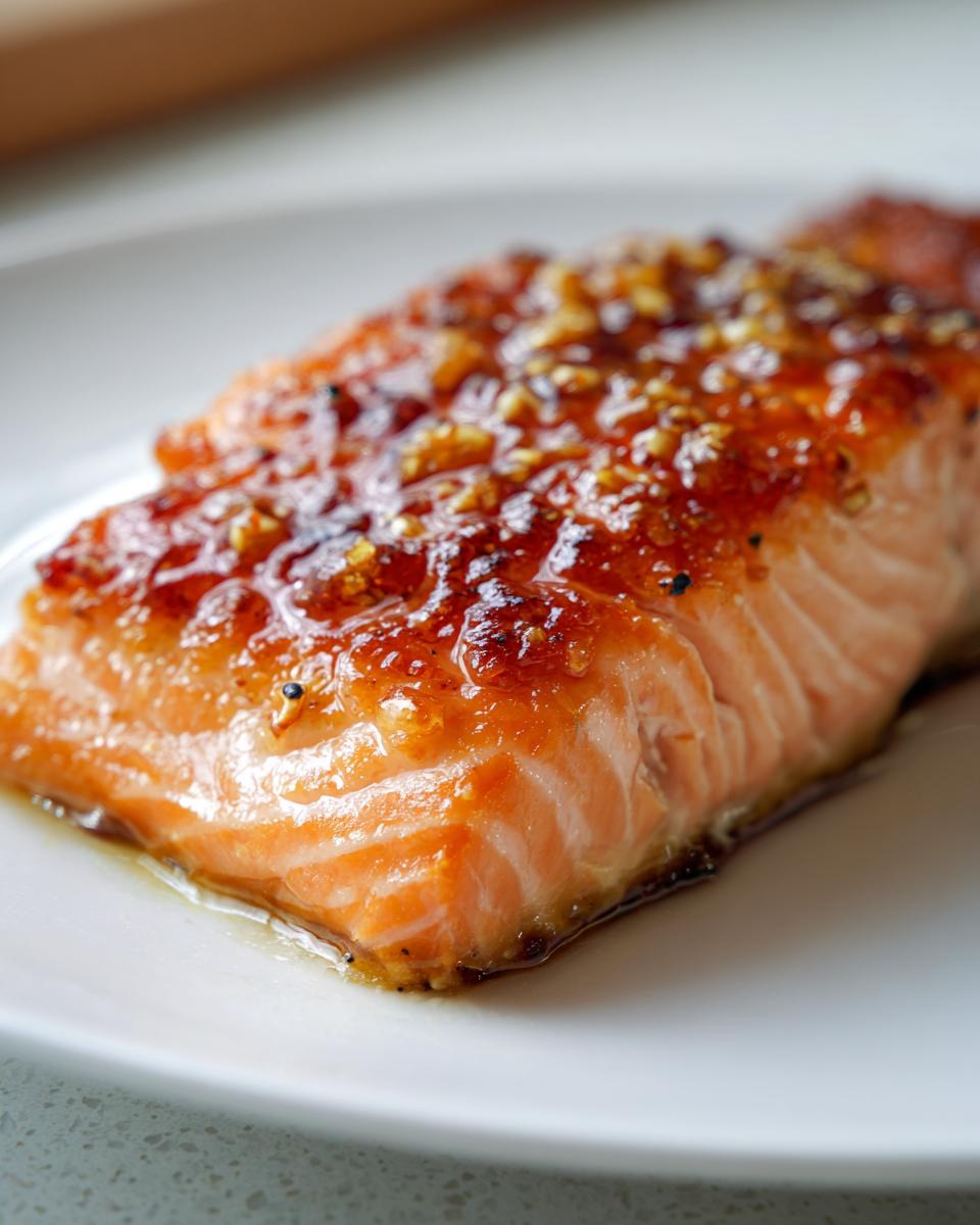 Close-up of a perfectly cooked, glazed salmon fillet, a key element of the baked salmon recipe.
