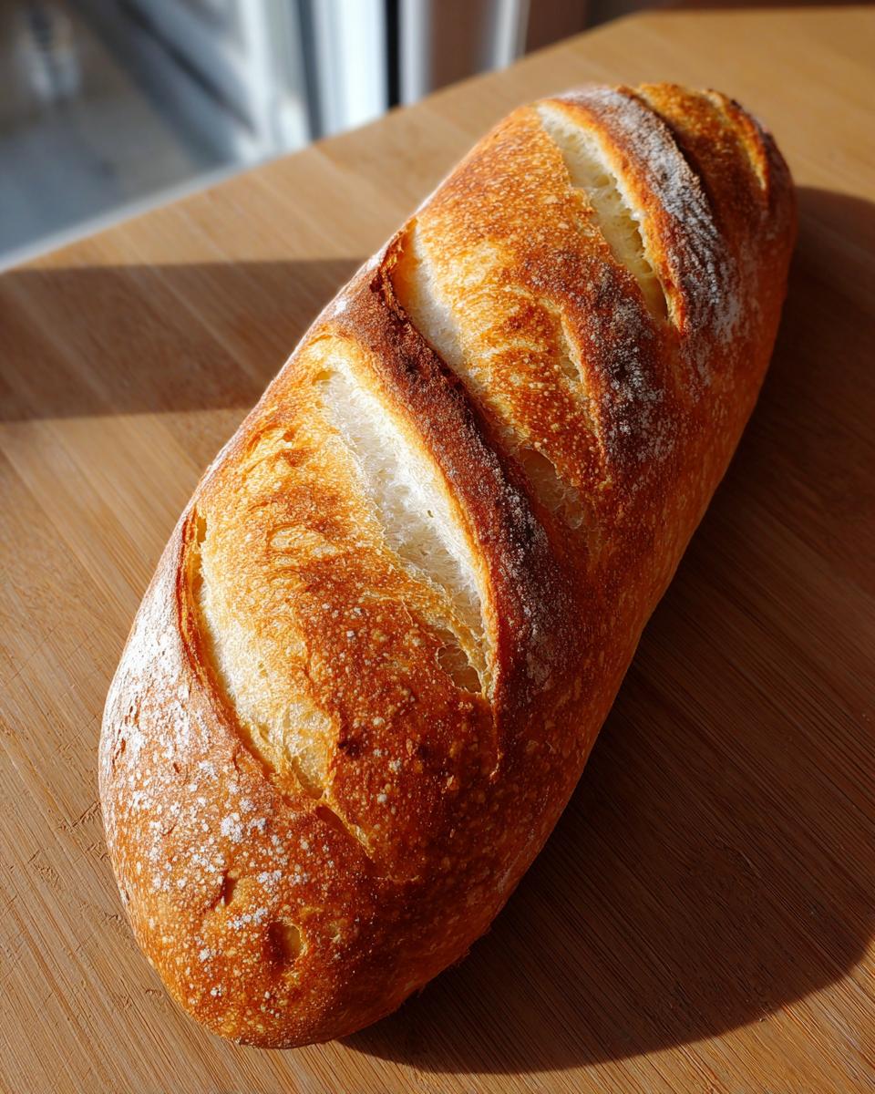 A freshly baked, golden brown loaf of French bread with visible scoring, resting on a wooden cutting board.
