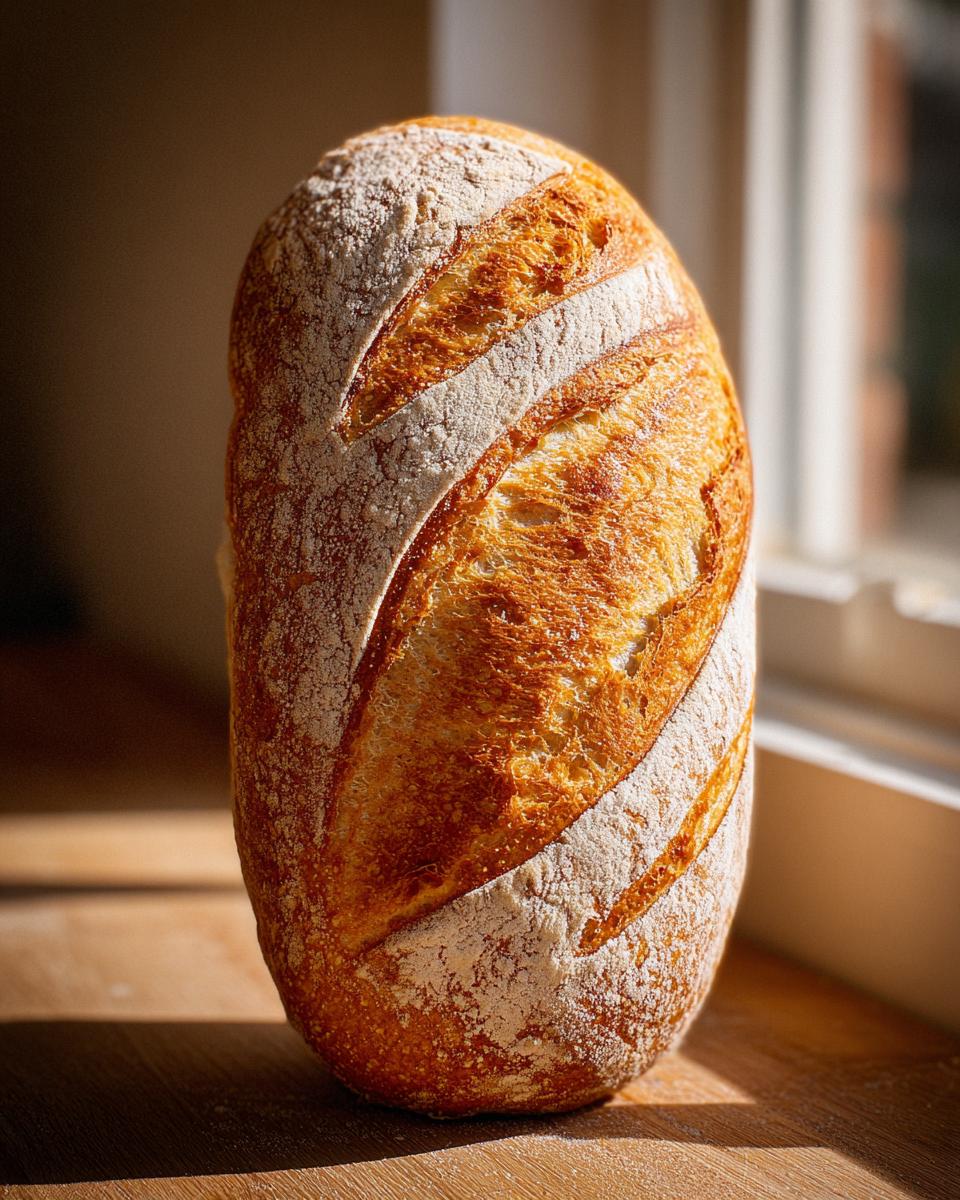 A beautifully baked, tall loaf of French bread with a golden, scored crust dusted with flour, standing near a window.