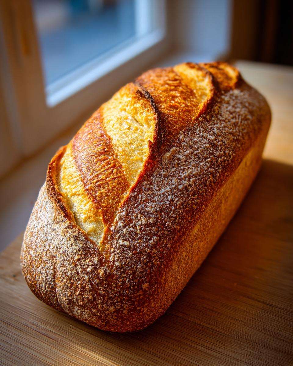 A beautifully baked loaf of golden brown french bread with a crisp, scored crust resting on a wooden surface.