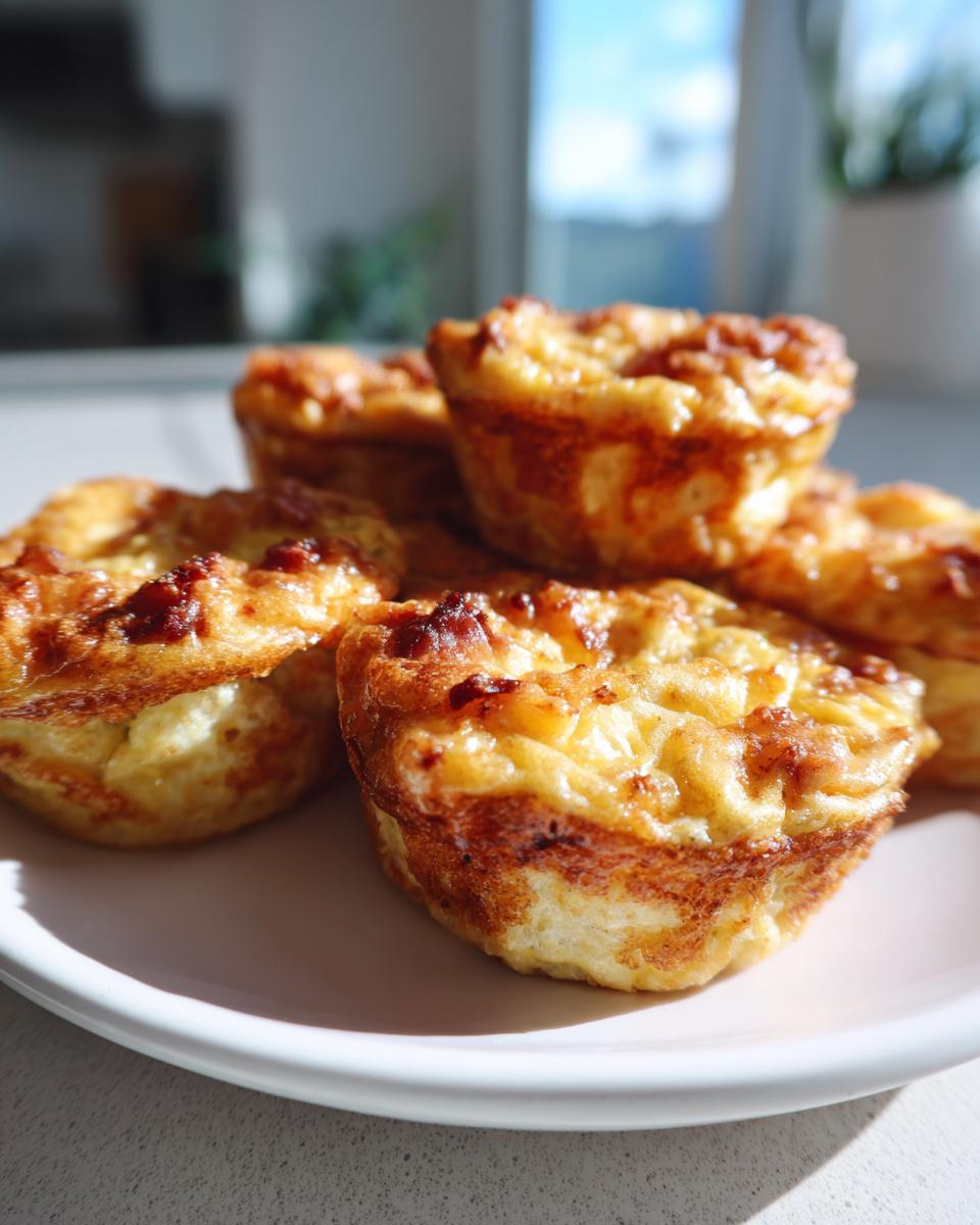 A close-up of several golden brown, freshly baked high-protein egg bites stacked on a white plate.