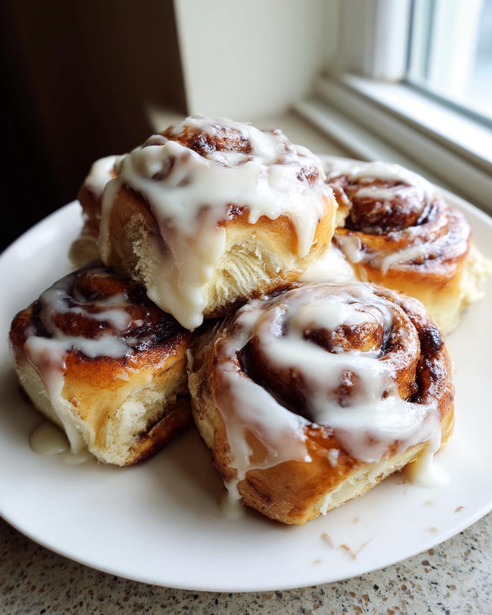 A stack of four freshly baked, gooey cinnamon rolls generously topped with white icing.