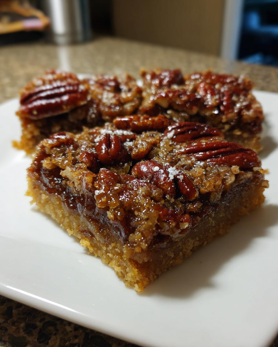 A close-up of two gooey pecan pie bars on a white plate, topped with whole pecans and a light dusting of powdered sugar.