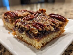 Close-up of two delicious pecan pie bars with a thick, gooey filling and whole pecans on top, served on a white plate.