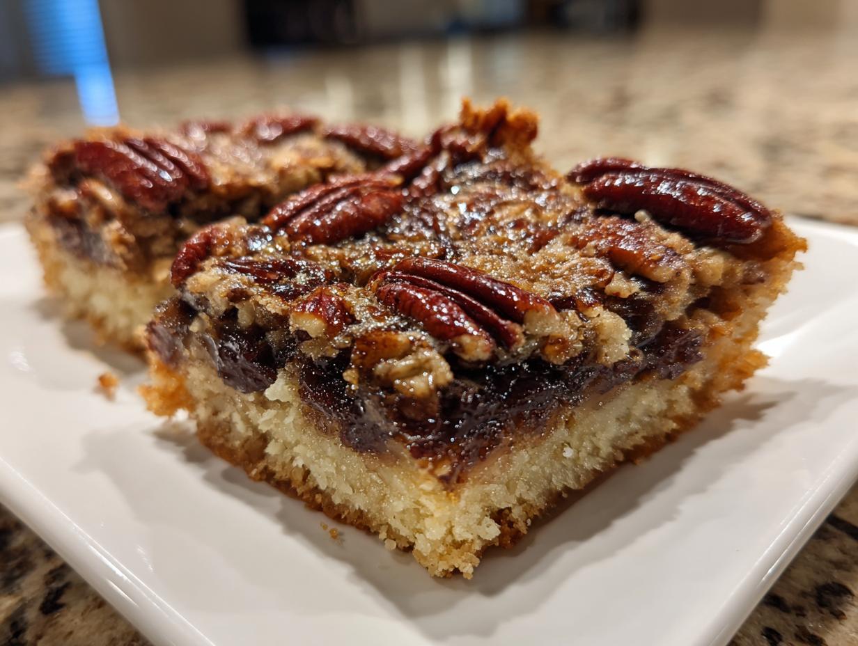 Close-up of two delicious pecan pie bars with a thick, gooey filling and whole pecans on top, served on a white plate.