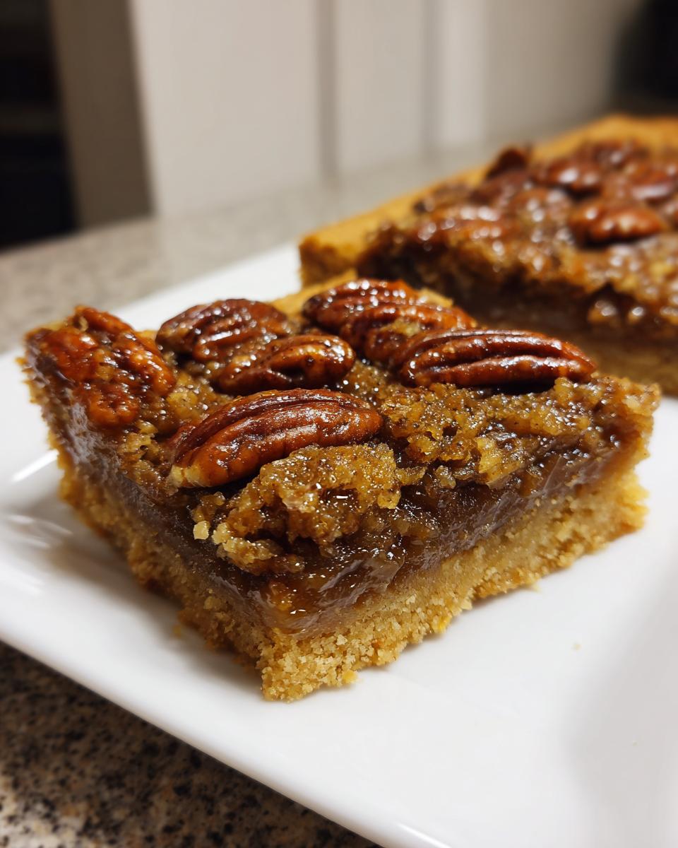 A close-up of a thick, square pecan pie bars slice showing the buttery crust and gooey pecan topping.