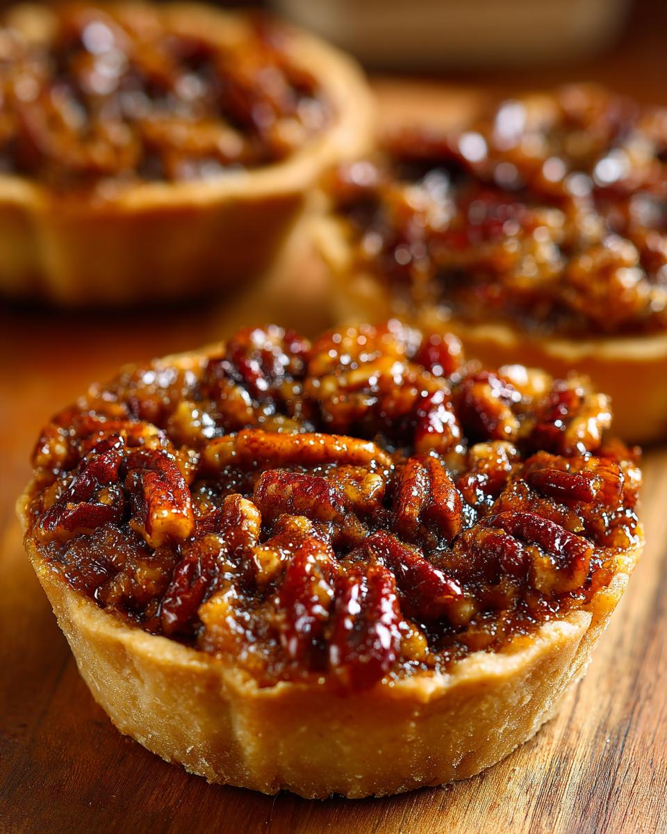 Close-up of a single, gooey pecan pie cookie filled with caramelized pecans, with two others blurred in the background.