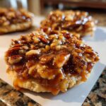 Close-up of a delicious pecan pie cookie topped with rich, glossy caramel and chopped pecans.