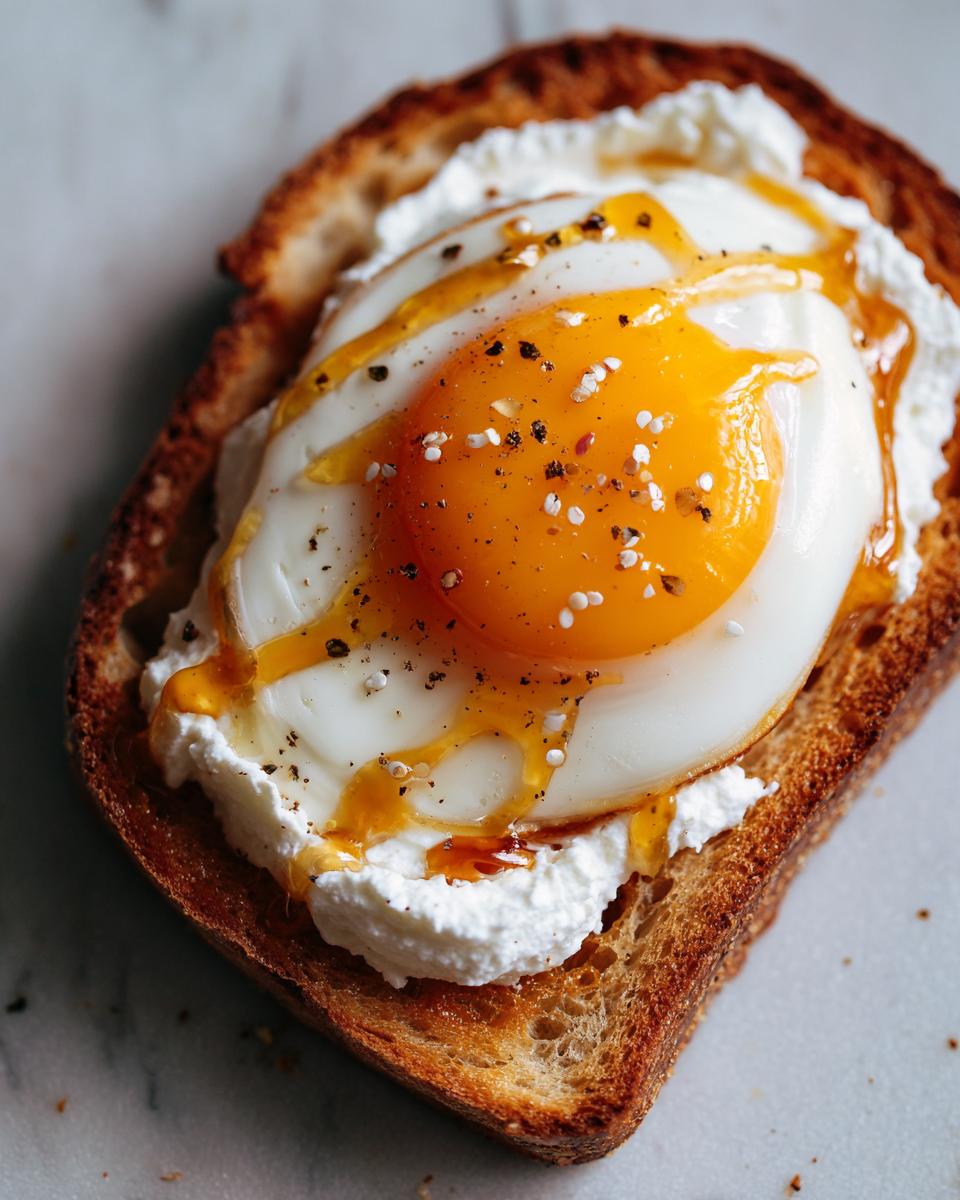 Close-up of gourmet egg toast featuring a sunny-side-up egg over creamy cheese, drizzled with honey or syrup and sprinkled with pepper.