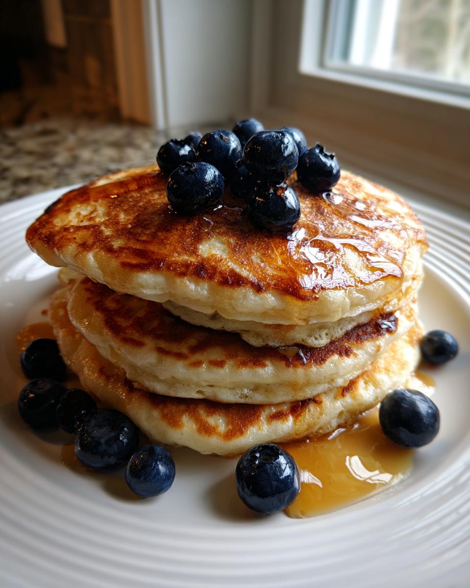A close-up of a stack of fluffy greek yogurt pancakes topped with fresh blueberries and drizzled with syrup.