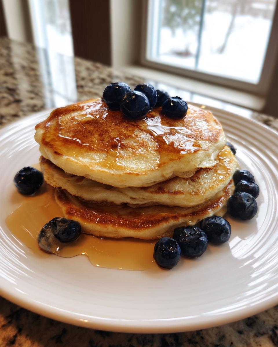 A stack of fluffy greek yogurt pancakes drizzled with syrup and topped with fresh blueberries on a white plate.