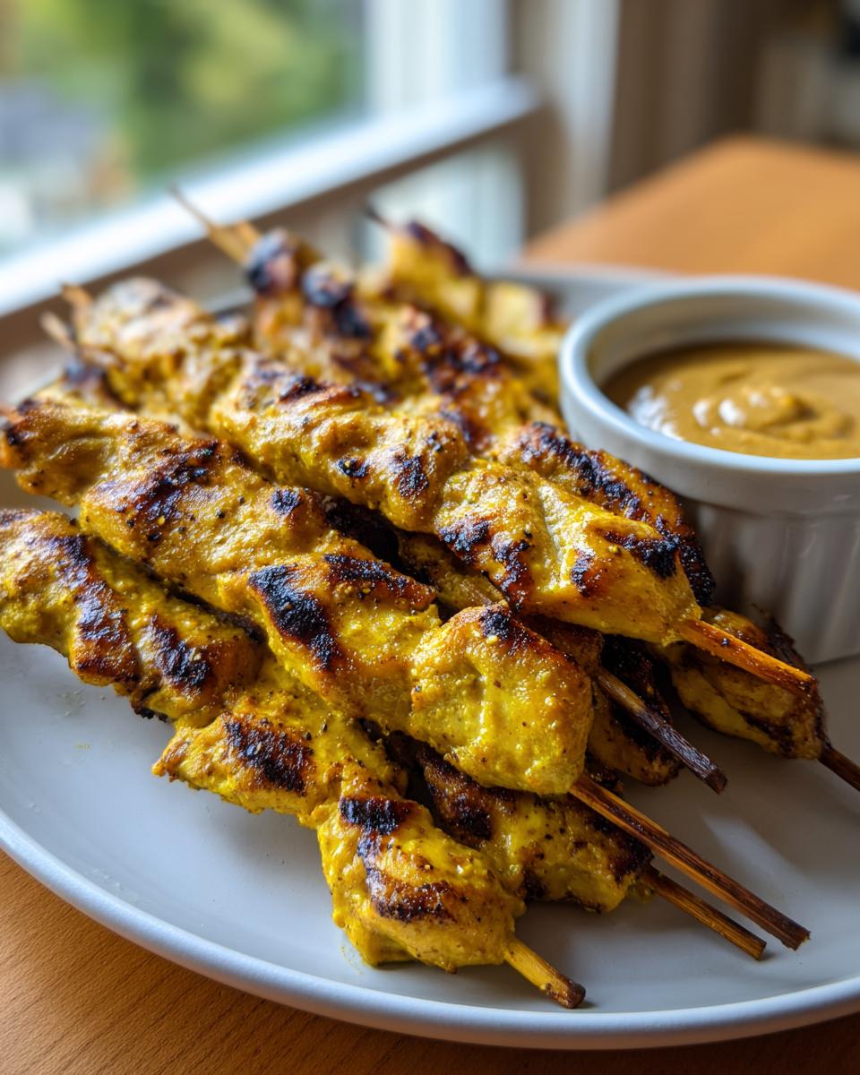 A plate of golden, grilled chicken satay skewers served next to a small bowl of peanut dipping sauce.