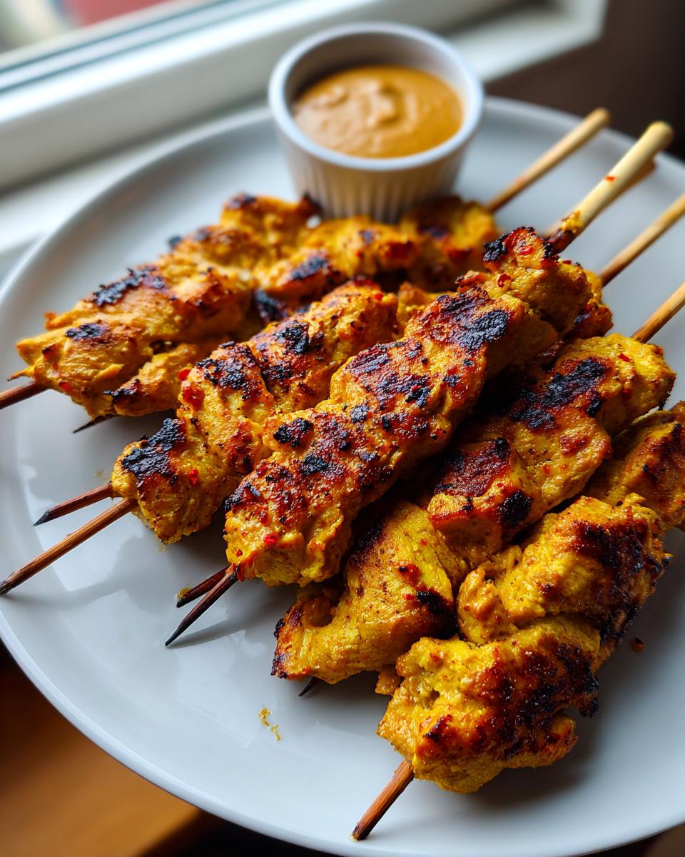 Close-up of perfectly grilled, golden yellow chicken satay skewers served with a small cup of peanut dipping sauce.