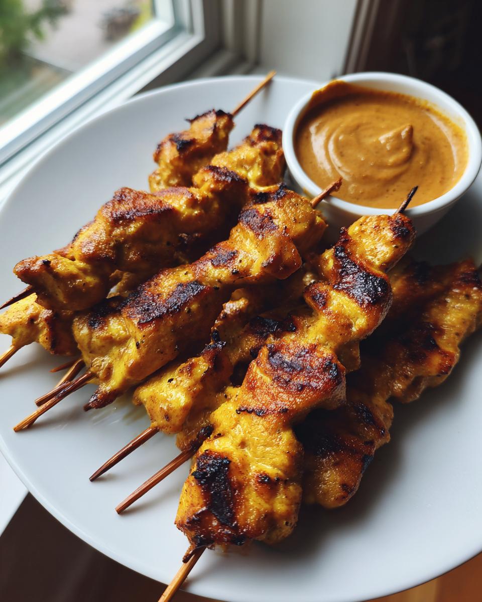 Close-up of golden grilled chicken satay skewers served on a white plate next to a small bowl of peanut sauce.