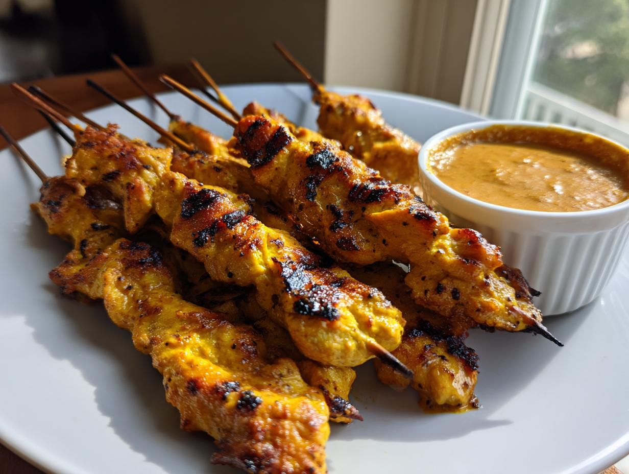 Close-up of grilled, golden-yellow chicken satay skewers served with a side of creamy peanut dipping sauce.