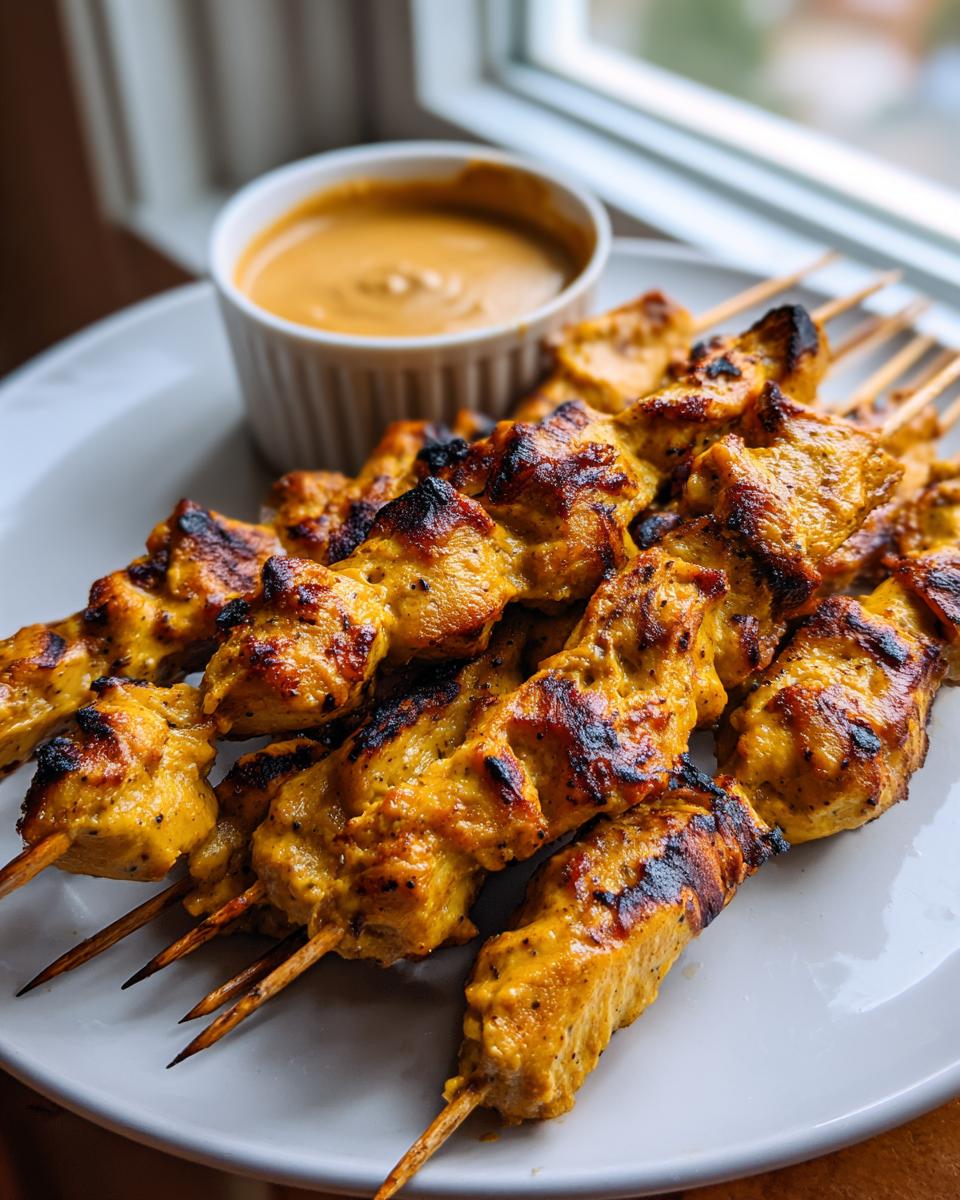 Close-up of perfectly grilled, yellow-marinated chicken satay skewers served with a side of creamy peanut dipping sauce.
