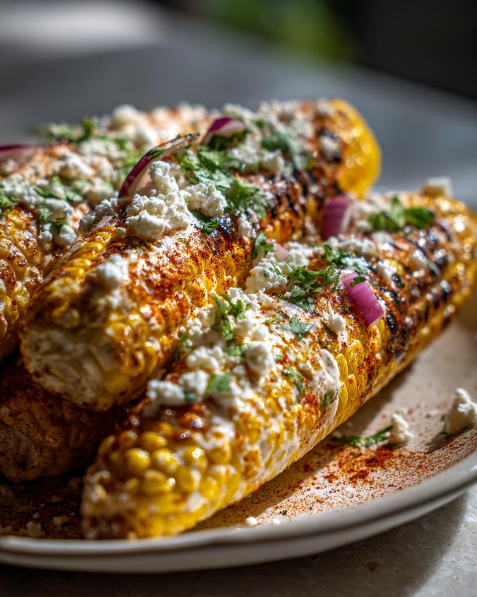 Close-up of grilled corn on the cob topped with cheese, cilantro, and spices, ready for street corn salad.