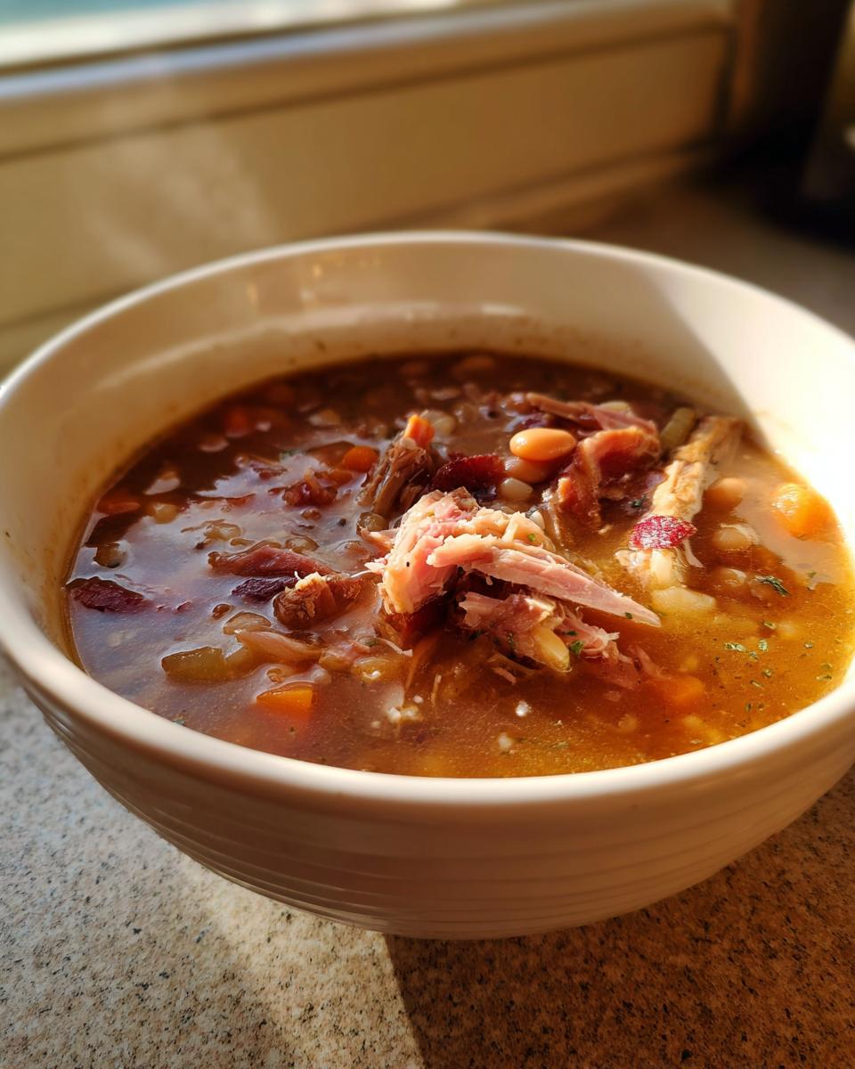 A close-up of a white bowl filled with rich, savory Ham and Bean Soup, topped with shredded ham.