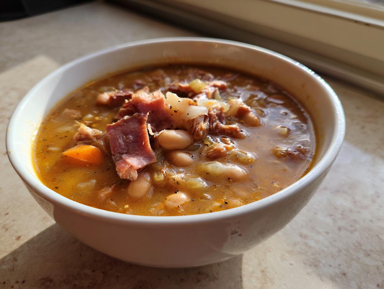 A close-up of a white bowl filled with rich, savory ham and bean soup, topped with shredded ham.