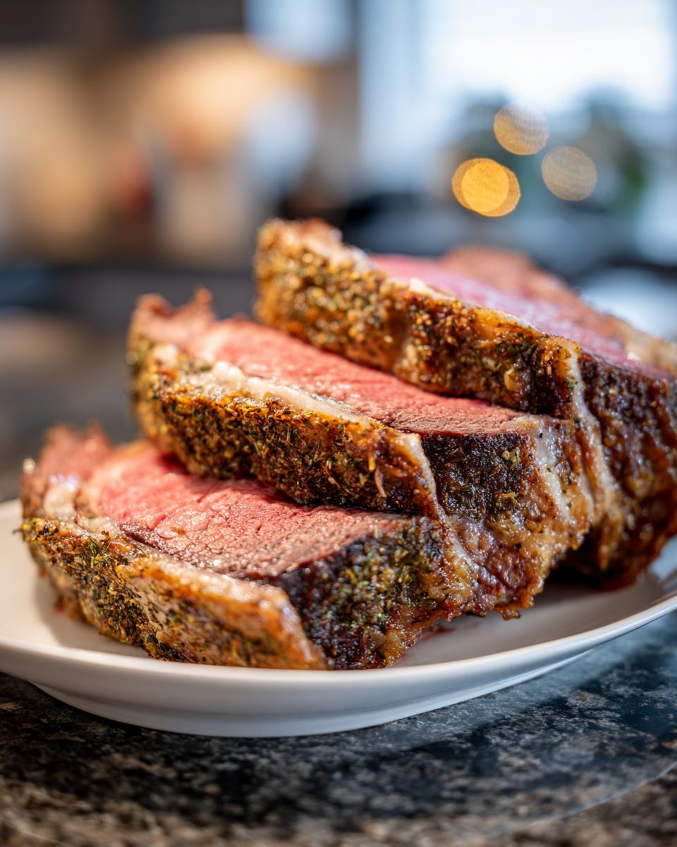 Three thick, medium-rare slices of herb-crusted rib roast stacked on a white plate.