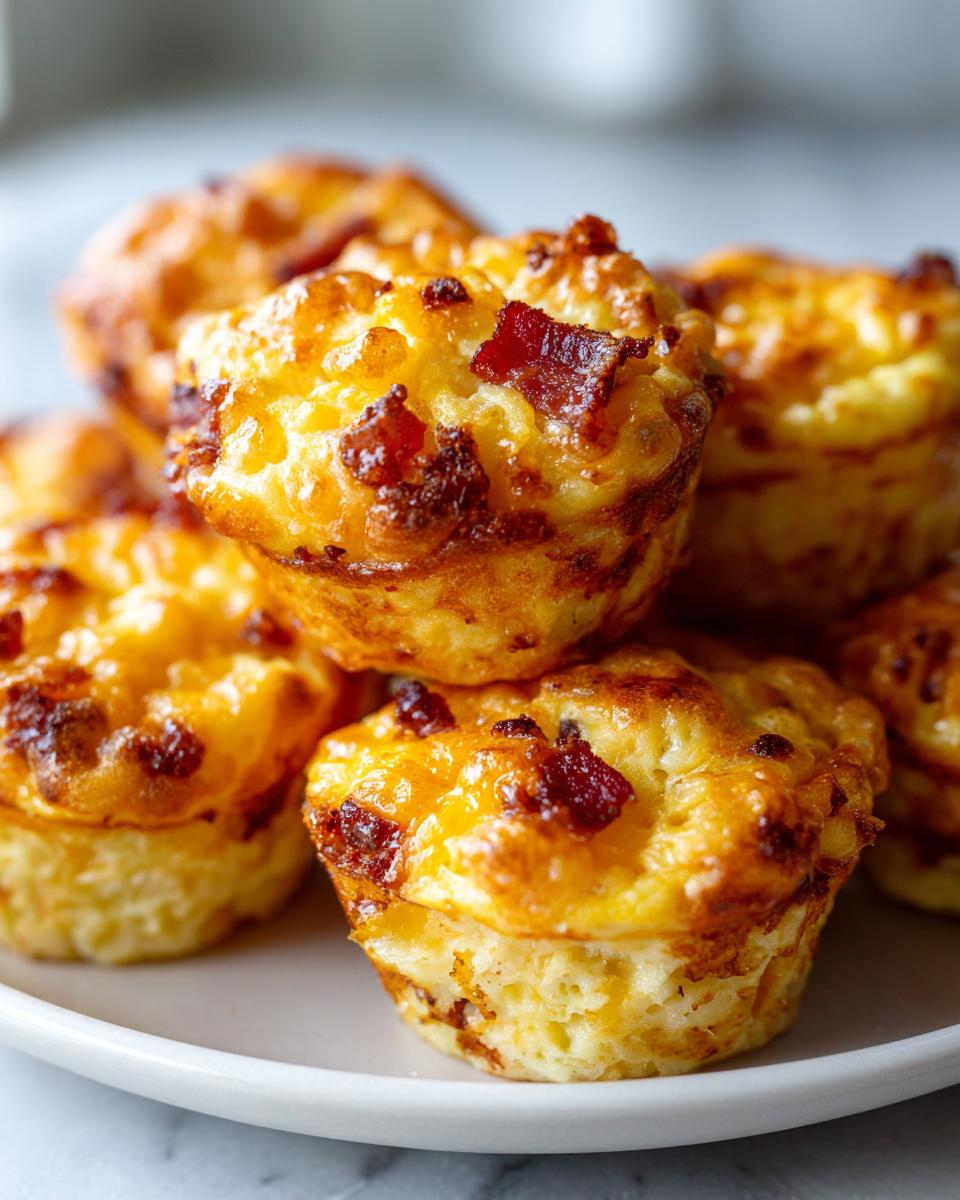 A close-up stack of golden brown, savory egg bites topped with crispy bacon pieces.