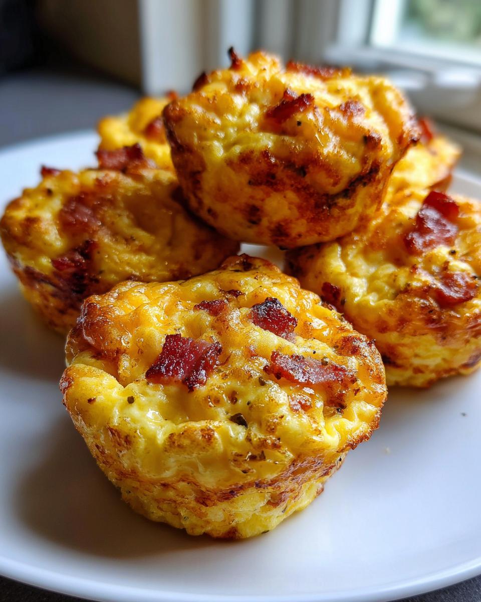 A close-up stack of golden brown, high-protein egg bites topped with crispy bacon pieces.