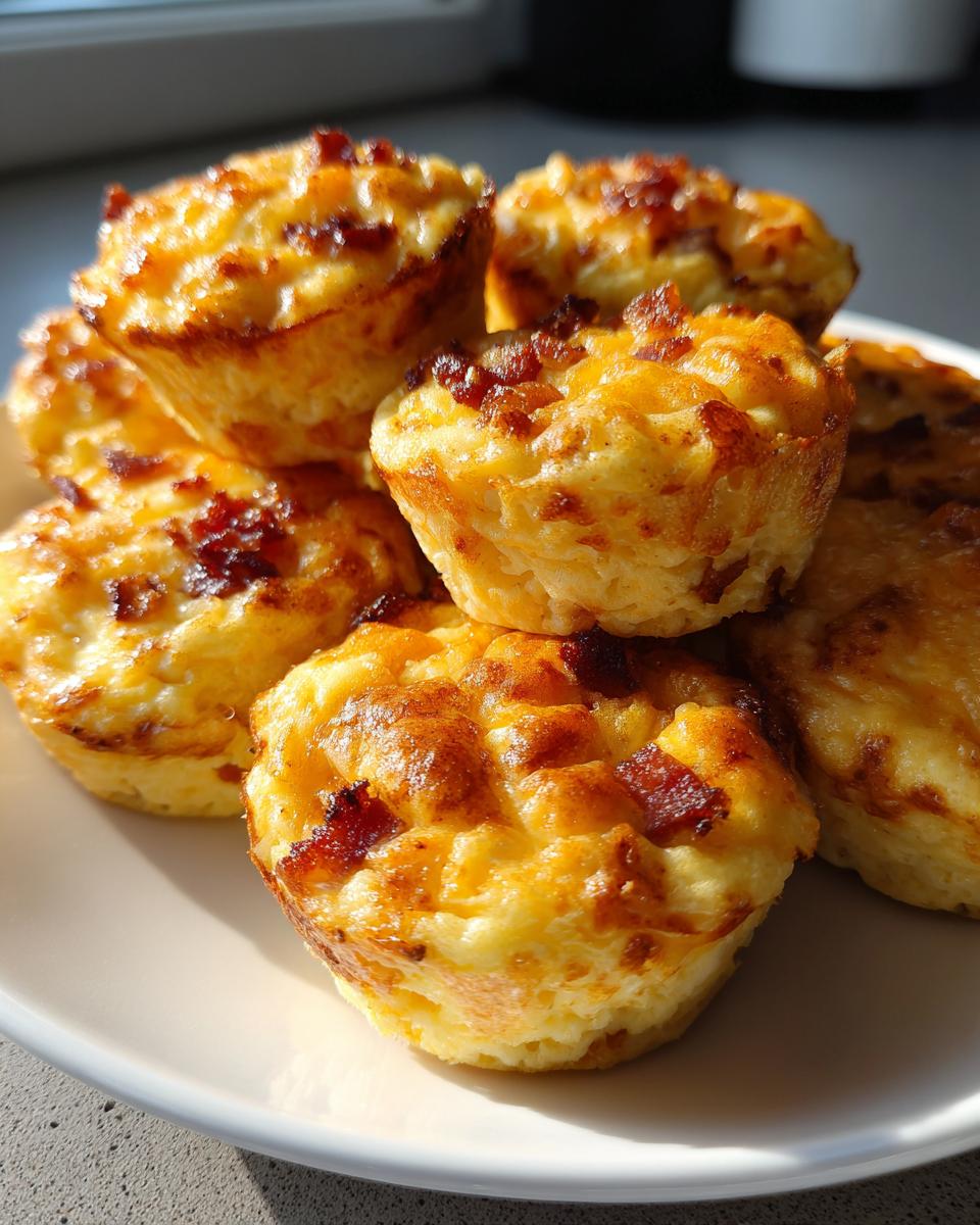 A close-up stack of golden brown, high-protein egg bites topped with crispy bacon pieces.