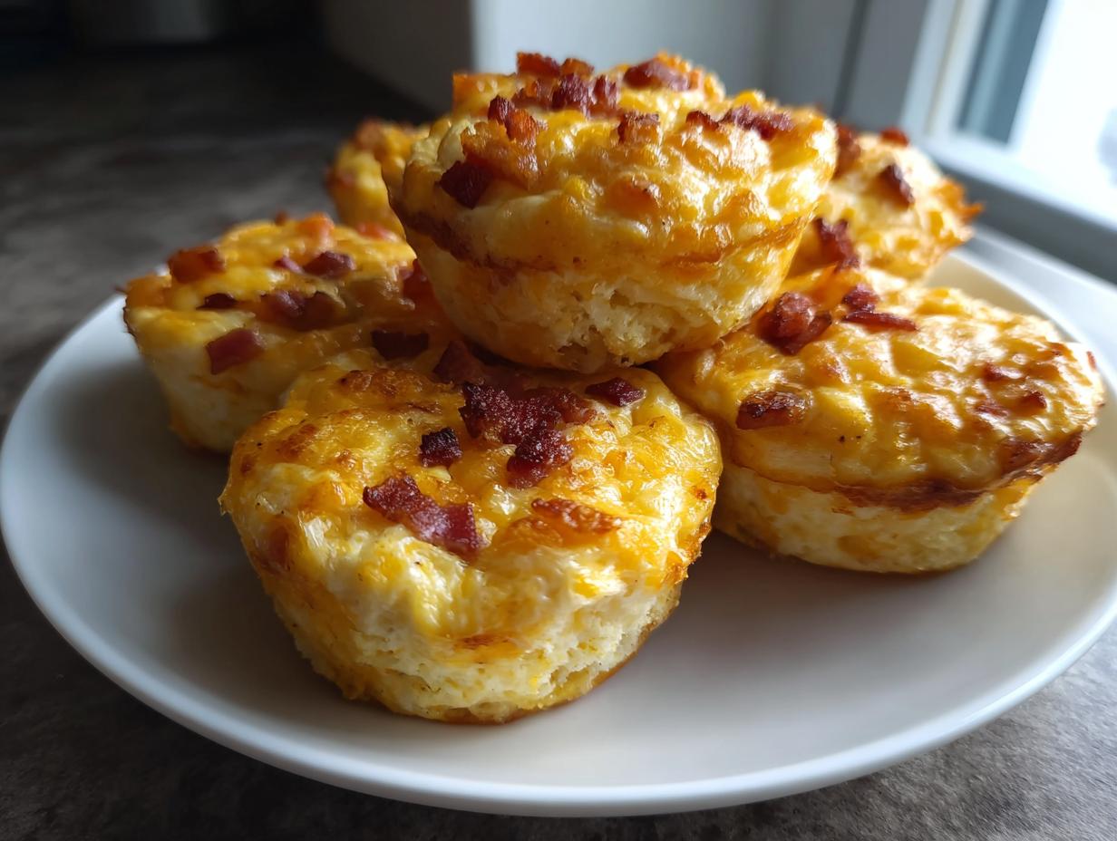 A stack of golden brown, high-protein egg bites topped with crumbled bacon served on a white plate.