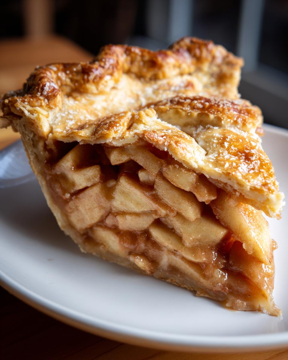 Close-up of a generous slice of homemade apple pie showing thick layers of spiced apples and a golden, flaky crust.