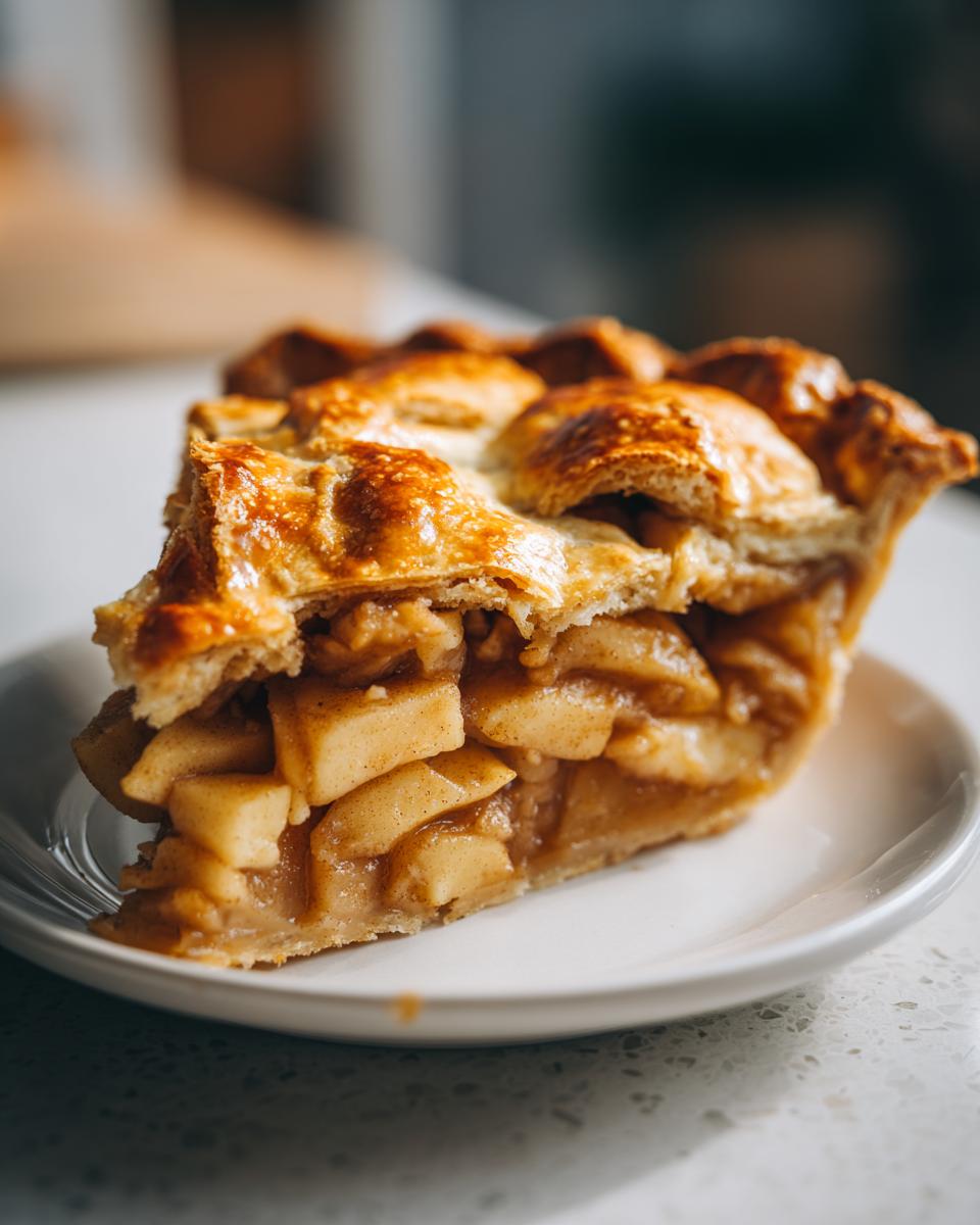 Close-up of a thick slice of homemade apple pie showing chunky apple filling and a golden, flaky lattice crust.