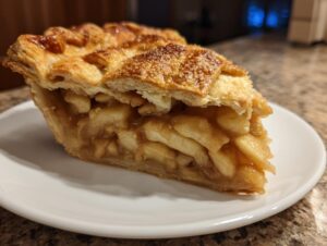 Close-up of a thick slice of homemade apple pie showing flaky, golden crust and cinnamon-spiced apple filling.