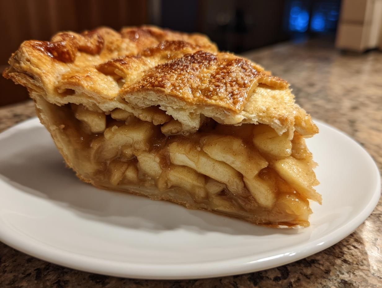 Close-up of a thick slice of homemade apple pie showing flaky, golden crust and cinnamon-spiced apple filling.