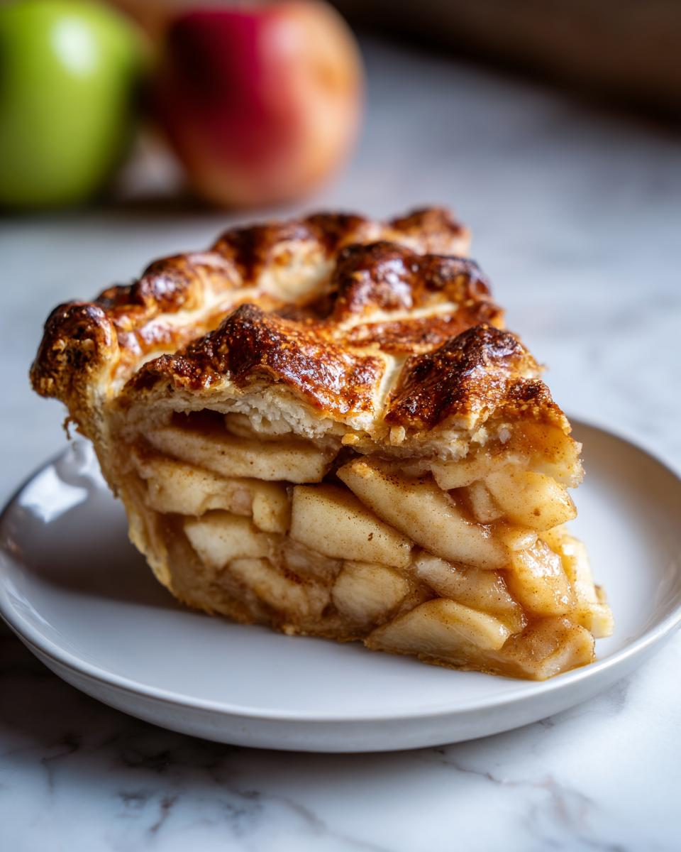 A close-up of a thick slice of homemade apple pie showing layered apple filling and a golden lattice crust.
