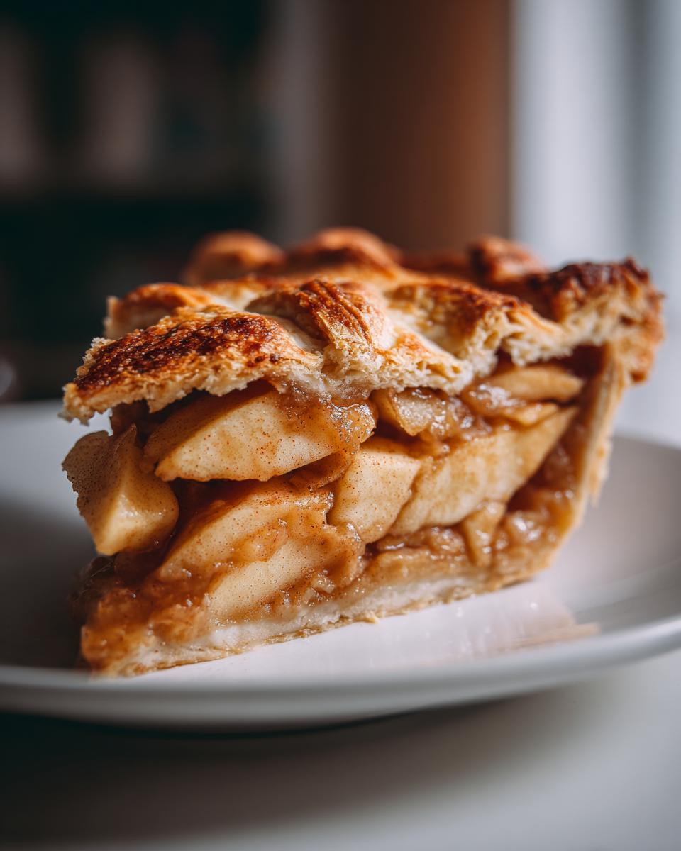 Close-up of a thick slice of homemade apple pie showing cinnamon-spiced apple filling and a golden lattice crust.